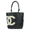 CHANEL Cambon Line Tote Bag Lamb Skin Black Silver CC Auth am10535V-2