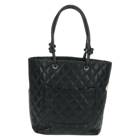 CHANEL Cambon Line Tote Bag Lammleder Schwarz Silber CC Auth am10535V