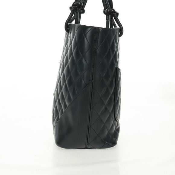 CHANEL Cambon Line Tote Bag Lamb Skin Black Silver CC Auth am10535V