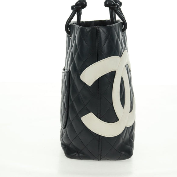 CHANEL Cambon Line Tote Bag Lammleder Schwarz Silber CC Auth am10535V
