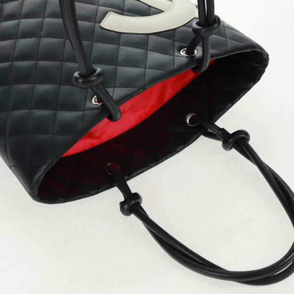 CHANEL Cambon Line Tote Bag Lammleder Schwarz Silber CC Auth am10535V