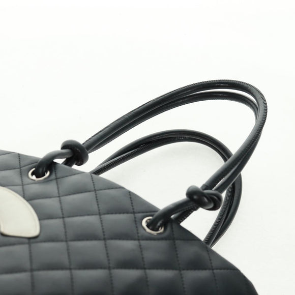 CHANEL Cambon Line Tote Bag Lammleder Schwarz Silber CC Auth am10535V
