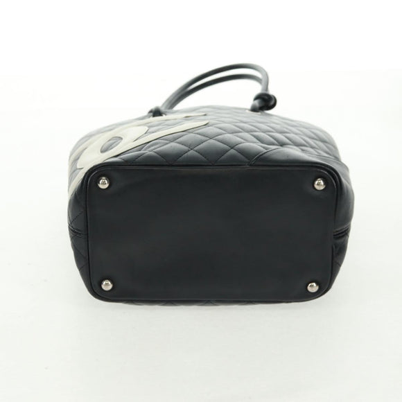 CHANEL Cambon Line Tote Bag Lamb Skin Black Silver CC Auth am10535V