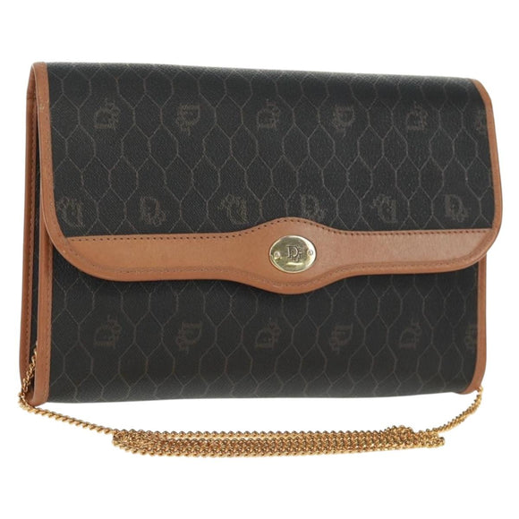Christian Dior Honeycomb Canvas Chain Shoulder Bag Black Gold Auth am10539V