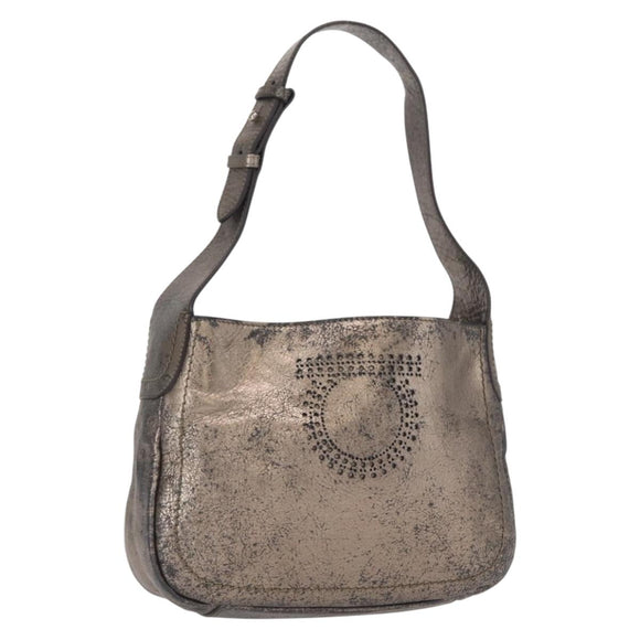 Salvatore Ferragamo Gancini Shoulder Bag Leather Silver Auth am10540