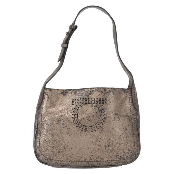 Salvatore Ferragamo Gancini Shoulder Bag Leather Silver Auth am10540