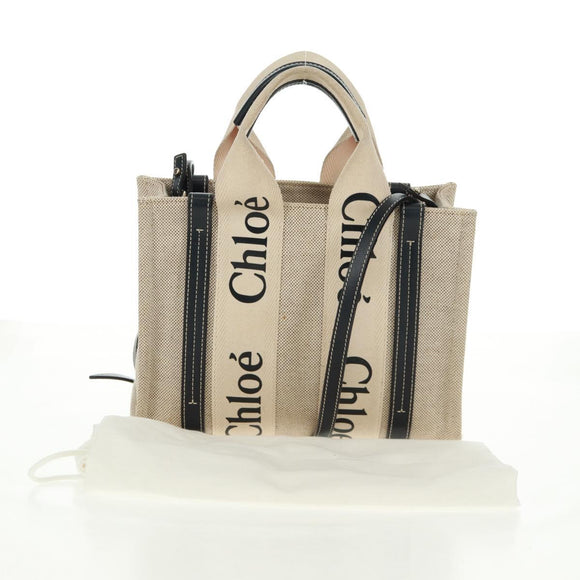 Chloe Woody Hand Bag Canvas 2way Ivory Gold Auth am10546V