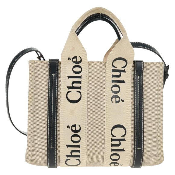 Chloe Woody Hand Bag Canvas 2way Ivory Gold Auth am10546V