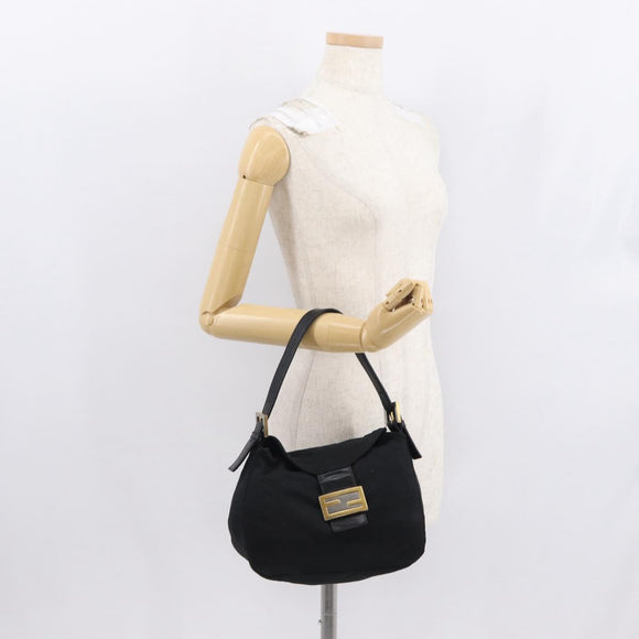 FENDI Jersey Mamma Baguette Shoulder Bag Nylon Black Silver Auth am10557
