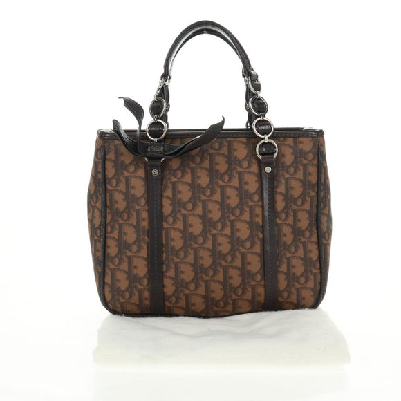 Christian Dior Chain Trotter Canvas Hand Bag PVC Brown Silver Auth am10565V