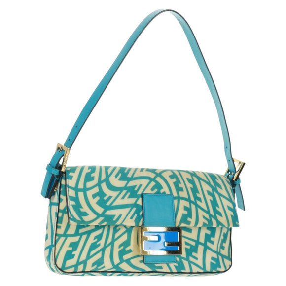 FENDI Zucca Canvas Mamma Baguette Shoulder Bag Baby Blue Gold Auth am10568V