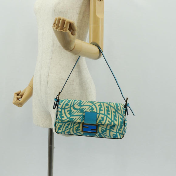 FENDI Zucca Canvas Mamma Baguette Shoulder Bag Baby Blue Gold Auth am10568V