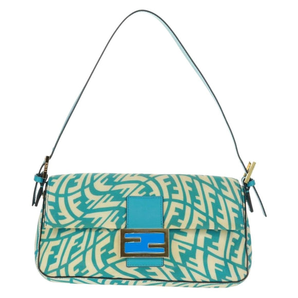 FENDI Zucca Canvas Mamma Baguette Shoulder Bag Baby Blue Gold Auth am10568V