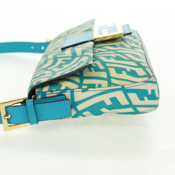 FENDI Zucca Canvas Mamma Baguette Shoulder Bag Baby Blue Gold Auth am10568V