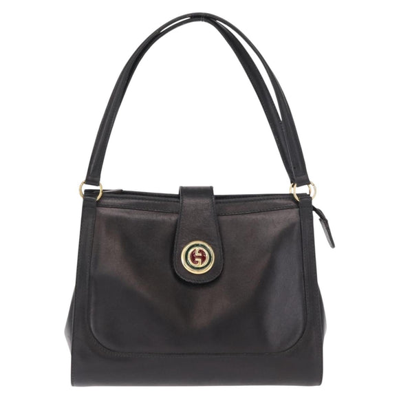 GUCCI Tote Bag Leather Black Gold Auth am10584