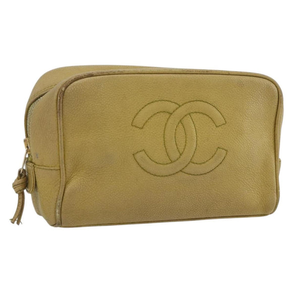 CHANEL COCO Mark Pouch Caviar Skin Yellow Gold CC Auth am10588