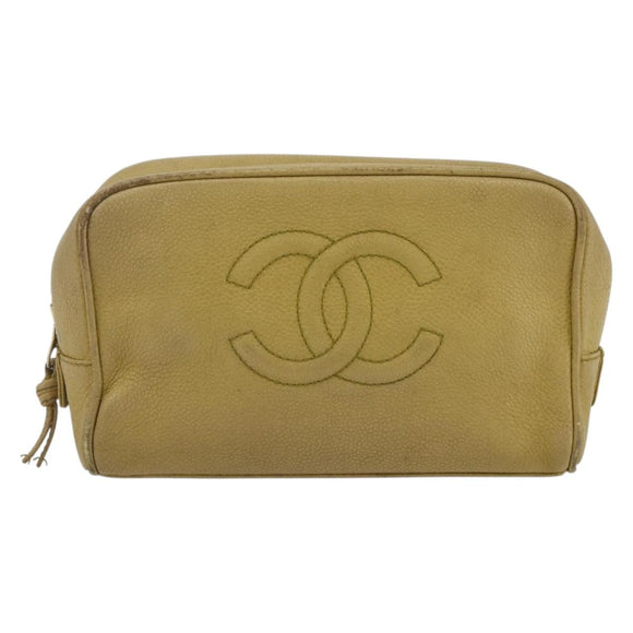 CHANEL COCO Mark Pouch Caviar Skin Yellow Gold CC Auth am10588