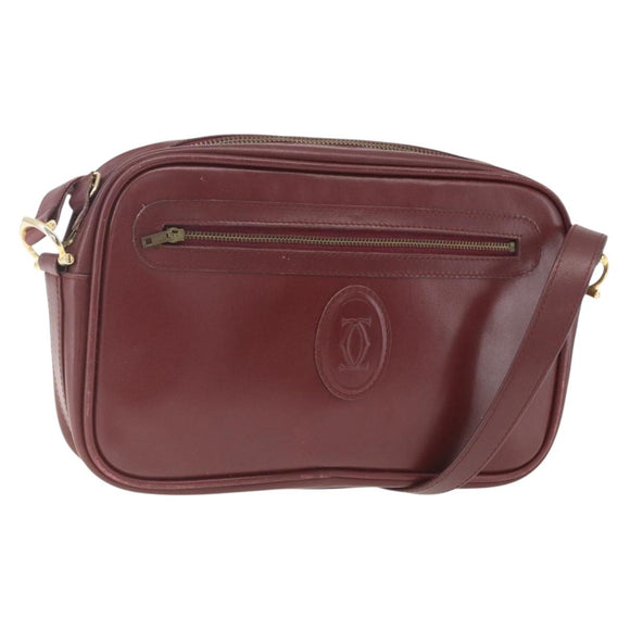 CARTIER Shoulder Bag Leather Bordeaux Gold Auth am10589