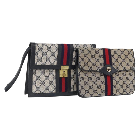 GUCCI GG Supreme Sherry Line Clutch Bag PVC Leather 2 Set Navy Auth am10592