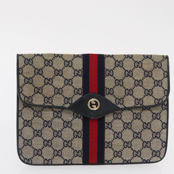 GUCCI GG Supreme Sherry Line Clutch Bag PVC Leather 2 Set Navy Auth am10592