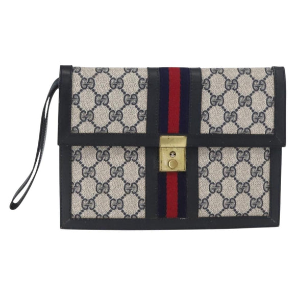 GUCCI GG Supreme Sherry Line Clutch Bag PVC Leather 2 Set Navy Auth am10592