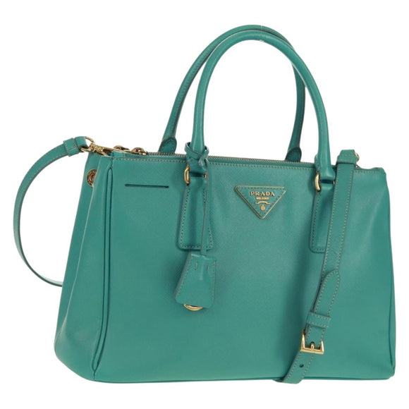 PRADA Hand Bag Safiano Leather 2way Gold Emerald Green Auth am10595V