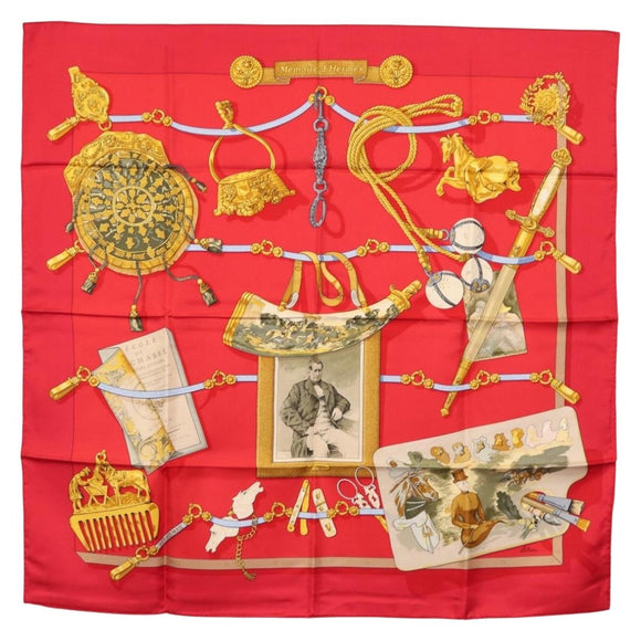HERMES Carre 90 Scarf ""Memoire d'Hermes"" Silk Red Auth am10617V