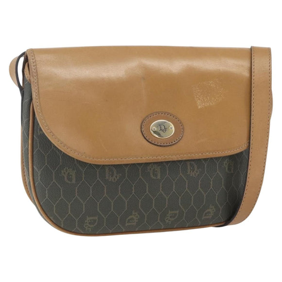 Christian Dior Honeycomb Canvas Shoulder Bag PVC Gold Khaki Auth am10634