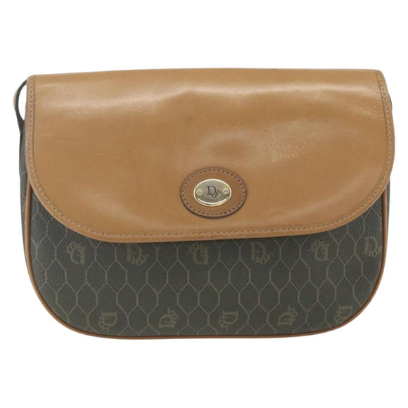 Christian Dior Honeycomb Canvas Shoulder Bag PVC Gold Khaki Auth am10634