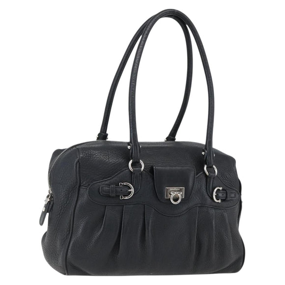 Salvatore Ferragamo Gancini Hand Bag Leather Black Silver Auth am10666