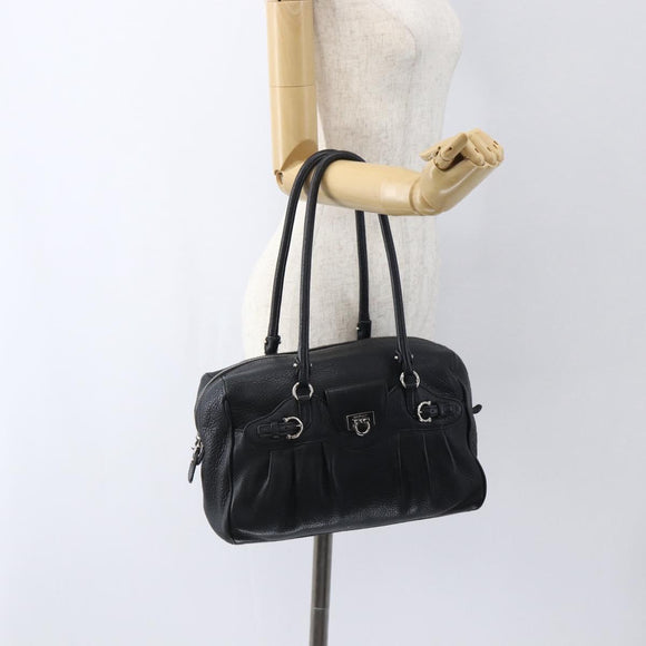 Salvatore Ferragamo Gancini Hand Bag Leather Black Silver Auth am10666