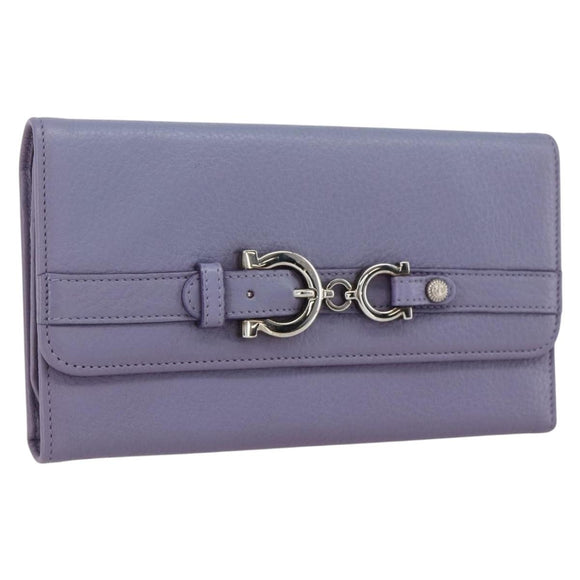 Salvatore Ferragamo Gancini Long Wallet Leather Silver Light purple Auth am10678