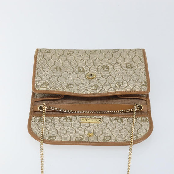 Christian Dior Honeycomb Canvas Chain Schoudertas PVC Beige Goud Auth am10688