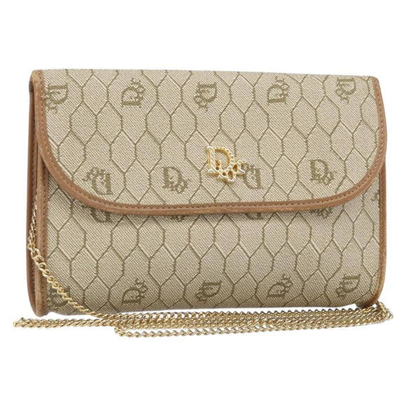 Christian Dior Honeycomb Canvas Chain Schoudertas PVC Beige Goud Auth am10688