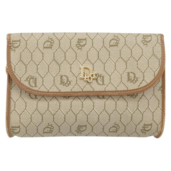 Christian Dior Honeycomb Canvas Chain Schoudertas PVC Beige Goud Auth am10688