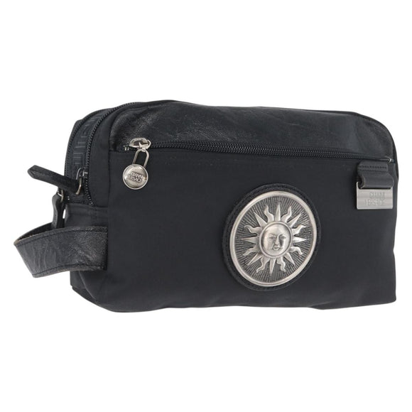 VERSACE Sunburst Clutch Bag Nylon Black Silver Auth am10693