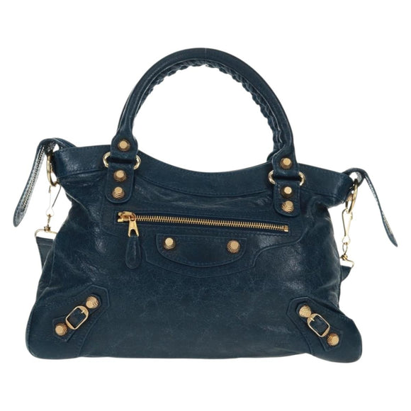 BALENCIAGA Giant Town Hand Bag Leather 2way Blue Gold Auth am10713SAV