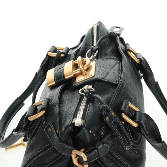 Chloe Paddington Hand Bag Leather Black Gold Silver Auth am10719SV