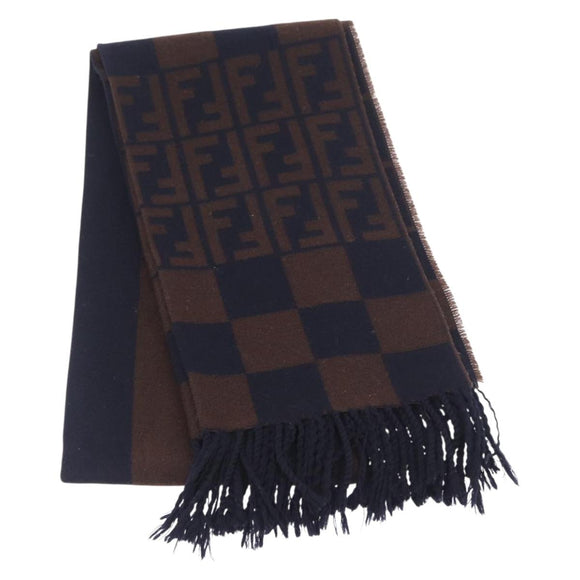 FENDI Zucca Scarf Wool Navy Brown Auth am10726V