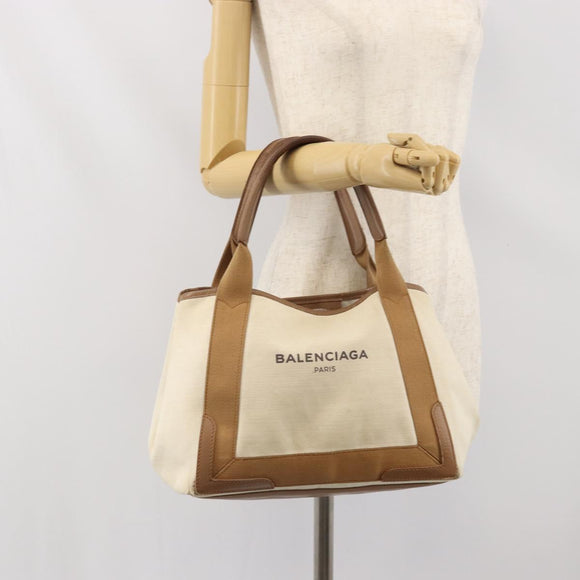 BALENCIAGA Navy Kabas Hand Bag Canvas White Beige 339933 Auth am10755