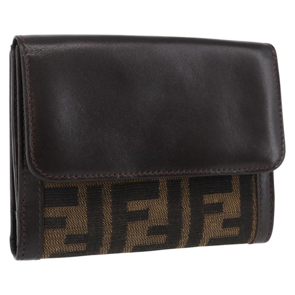 FENDI Zucca Canvas Geldbörse Leder Schwarz Braun Auth am10756V