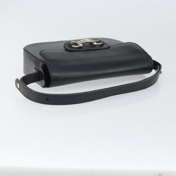 Christian Dior Schoudertas met Paardenbit Leer Zwart Zilver Auth am10763