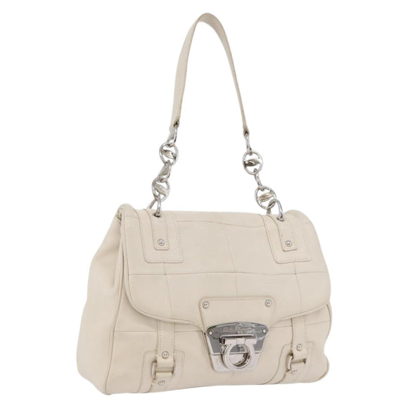 Salvatore Ferragamo One Belt Hand Bag Leather White Silver Auth am10782