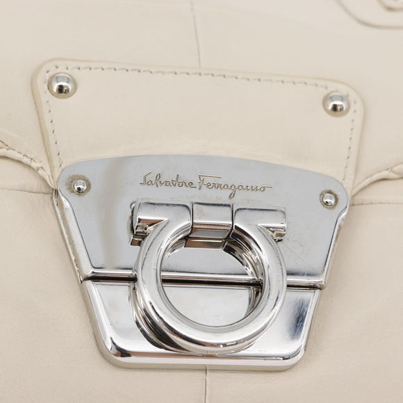 Salvatore Ferragamo One Belt Hand Bag Leather White Silver Auth am10782
