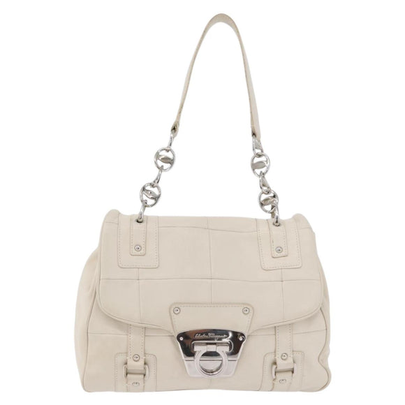 Salvatore Ferragamo One Belt Hand Bag Leather White Silver Auth am10782