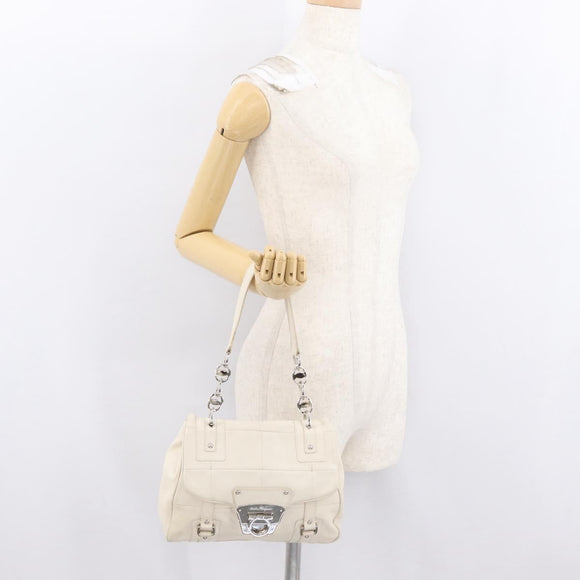 Salvatore Ferragamo One Belt Hand Bag Leather White Silver Auth am10782