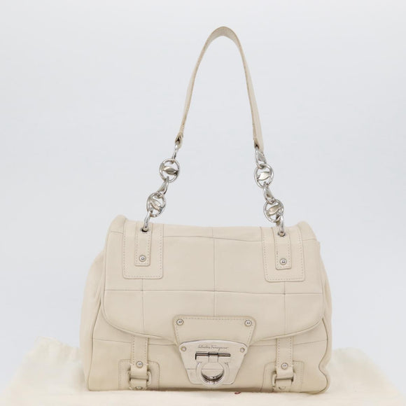 Salvatore Ferragamo One Belt Hand Bag Leather White Silver Auth am10782