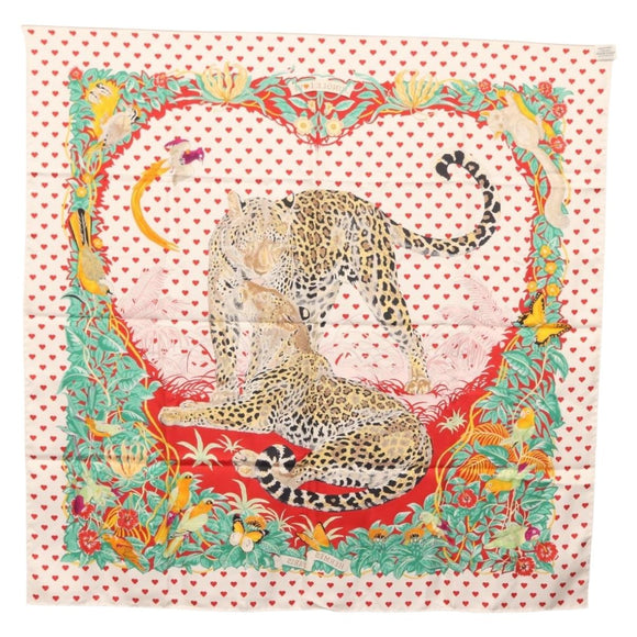 HERMES Carre 90 Scarf ""JUNGLE LOVE"" Silk White Auth am10795SAM