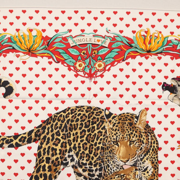 HERMES Carre 90 Scarf ""JUNGLE LOVE"" Silk White Auth am10795SAM