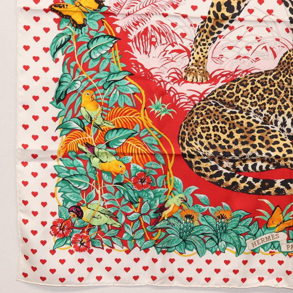 HERMES Carre 90 Scarf ""JUNGLE LOVE"" Silk White Auth am10795SAM